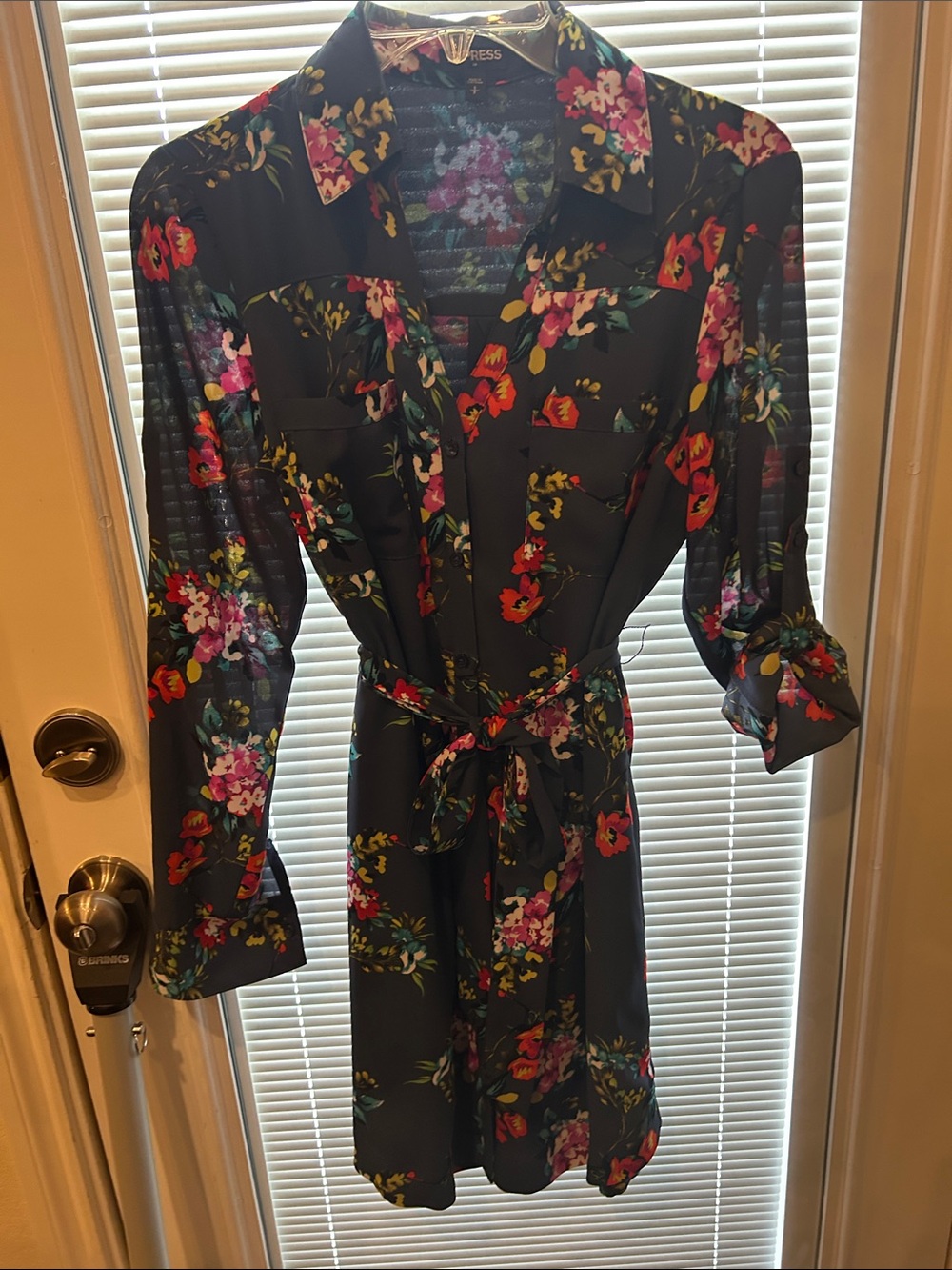Express Blue/Gray Floral Button-Up Long/Roll up Sleeve Shirt Dress Small Petite